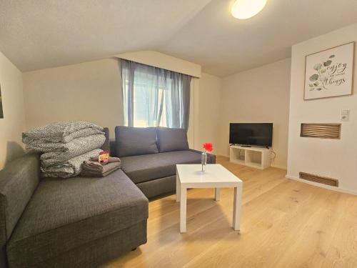 a living room with a couch and a table at Old Town Modern Charm Apartment in Hall in Tirol