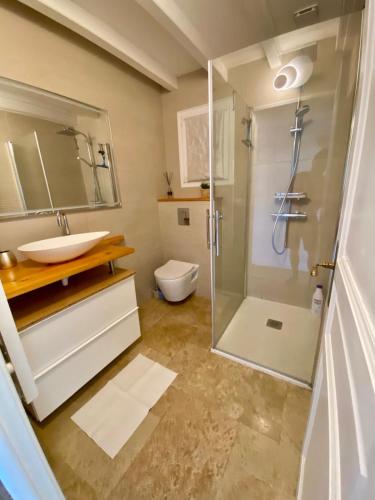 une salle de bain avec une douche, un lavabo et des toilettes dans l'établissement 1km plage, agréable maison 6 pers classée 3*, à Hendaye