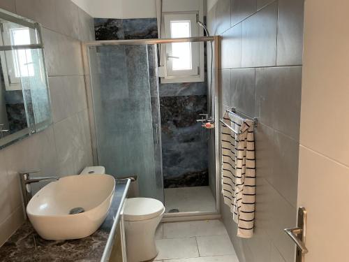 un baño con inodoro y ducha en Waters Edge, en Samos