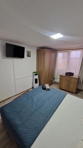 a bedroom with a large bed with a blue blanket at Casa AVA 2 Mai in 2 Mai