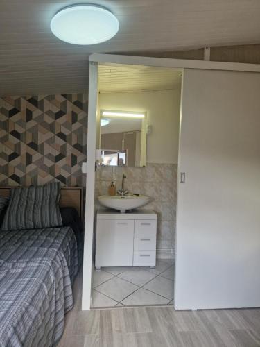 a bedroom with a bed and a sink and a mirror at Jolie maison modulable de 4 à 6 lits avec jardinet in Irigny