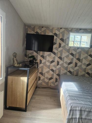 a bedroom with a bed and a flat screen tv at Jolie maison modulable de 4 à 6 lits avec jardinet in Irigny