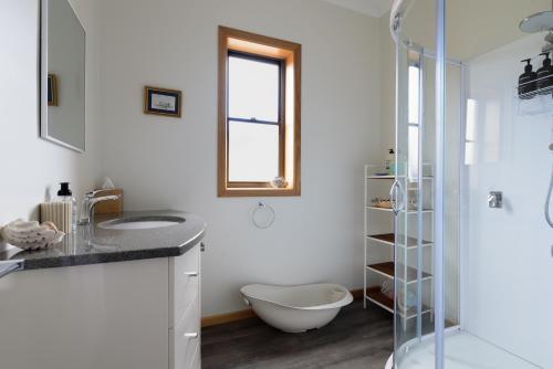 a bathroom with a sink and a glass shower at Family Comfort in the Stunning Sisters Beach in Sisters Beach
