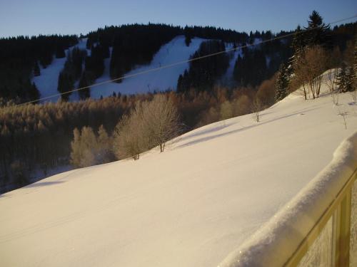 a snow covered field with a fence in front of a mountain at Villa Maximus in Jáchymov