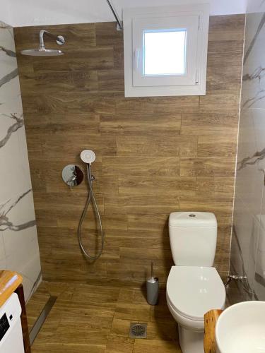 a bathroom with a toilet and a shower at Villa Helen in Asprovalta