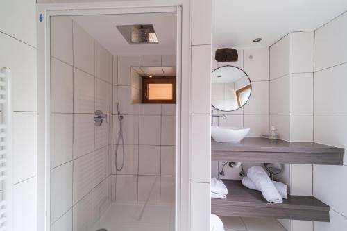 a bathroom with a shower and a sink and a mirror at Le studio in Turckheim