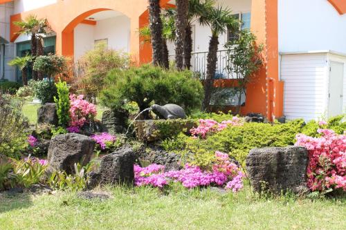 a garden with rocks and flowers in front of a building at Jeju Feel House in Jeju