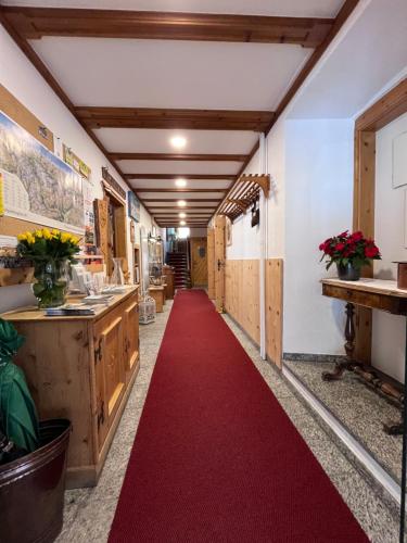 a red carpet in a hallway with a long aisle at Hotel Alpina in Zernez