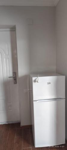 a white refrigerator in a room with a door at Ana hotel in Ureki