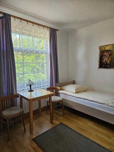 a bedroom with a bed and a table and a window at Zielony Zakątek in Krynki