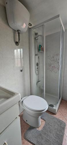 a bathroom with a white toilet and a shower at Da Zia Teresa 