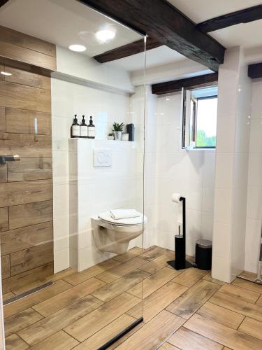 a bathroom with a toilet and a glass shower at Ruralna kuća za odmor Kablarovo Brdo in Krnjak