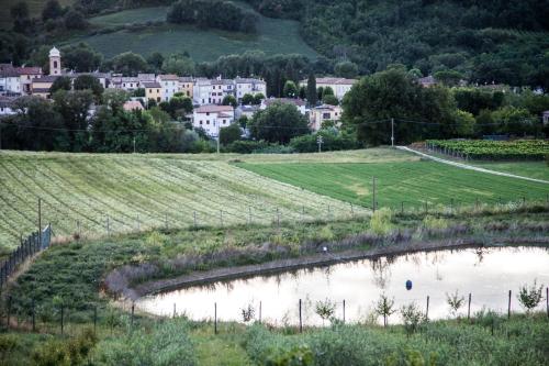 a field with a town in the background with a river at Il Giuggiolo - holiday homes in Fossombrone