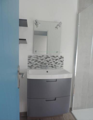 een badkamer met een wastafel en een spiegel bij La Quesnelière in Le Lorey
