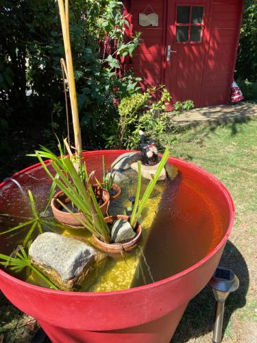 a red planter with a plant in it at Bel appartement avec jardin in La Bégude-de-Mazenc