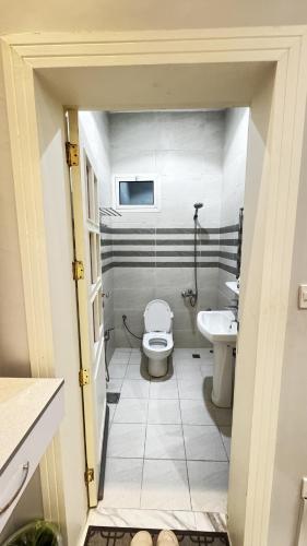 a bathroom with a toilet and a sink at شاليه ريف المملكة in Hail