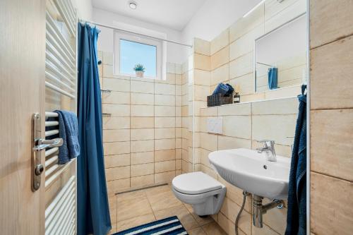 a bathroom with a toilet and a sink at Stará Brusírna in Šatov