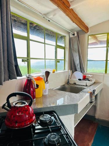 a kitchen with a red tea kettle on a stove at Little tree house in Kiserian