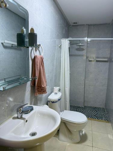 Un baño con lavabo, inodoro y ducha. en Appartement Tanger NAKHIL BOUGHAZ 2 Premium CAN 2025, en Tánger