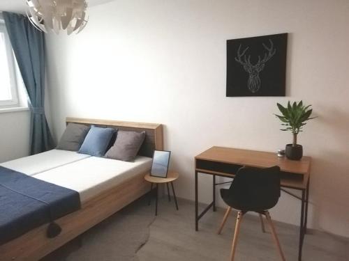 a bedroom with a bed and a desk with a laptop at MATADOR apartment & Free Parking in Bratislava