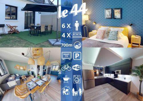a collage of photos of a bedroom and a living room at Le 44 - Maison familiale - Grand confort - 700m Plages in Dinard