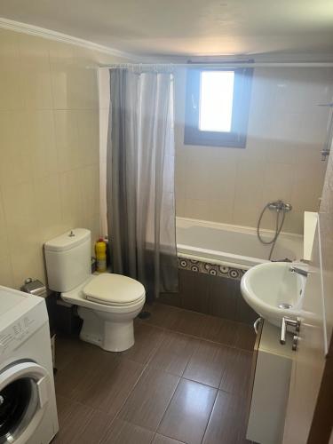 a bathroom with a toilet and a sink and a shower at Kampos Apartment in Chios