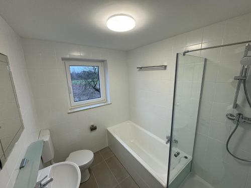 a bathroom with a shower and a toilet and a sink at WundP Living Wohnung mit Terrasse Parkplatz in Biberbach