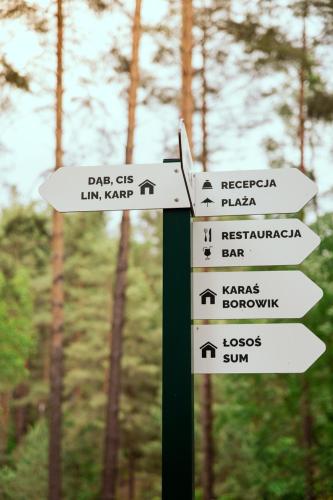 a street sign with arrows pointing in different directions at Ośrodek Wypoczynkowy Świerkocin in Świerkocin