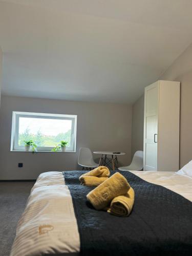 a bedroom with a bed with two towels on it at Apartamenty Wałowa 7 in Rewa
