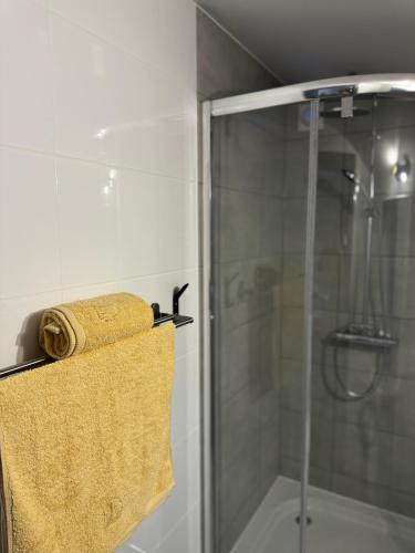 a bathroom with a shower with a yellow towel at Apartamenty Wałowa 7 in Rewa
