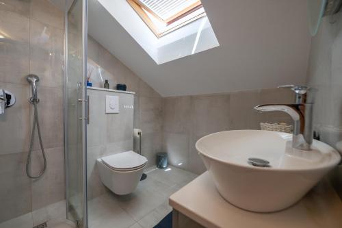 RazvalaにあるLuxurious Penthouse Style Apartmentのバスルーム(シンク、トイレ付)、天窓が備わります。