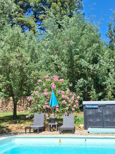 two chairs and an umbrella next to a swimming pool at Chalet Le Petit olivier , gite l Echapée Belle Aubenas in Aubenas