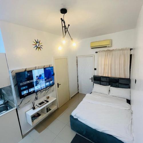 a bedroom with a bed and a flat screen tv at 7th generation apartments limited in Lagos