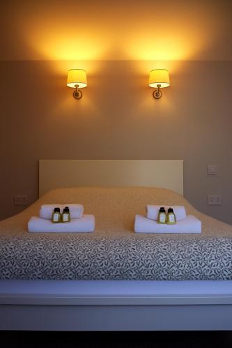 a bed with two pillows and two lights on the wall at The Monkey Puzzle in Bunclody