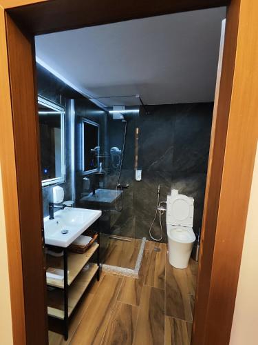 a bathroom with a sink and a toilet at Rest & View Guesthouse in Gjirokastër