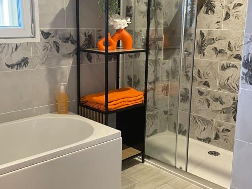 a bathroom with a shower and a bath tub and a shower at La scierie Massonat in Cossaye