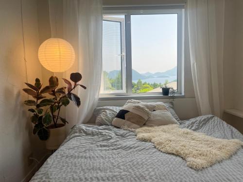 洞爷湖New! Lake and Mountain View Hammock House Up to 6 People的一间带床的卧室，配有大窗户