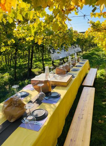 a long yellow table with plates and wine glasses at B&B Le Albare in Montecchia di Crosara
