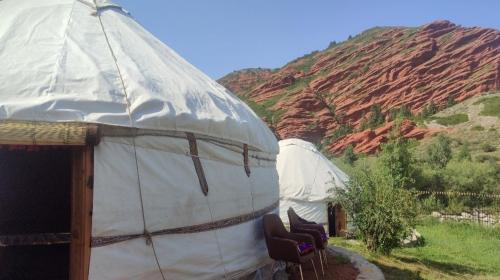a couple of tents with chairs in front of a mountain at Yurt Camp Town of heavenly mountains " Kyz Zhibek" in Dzhetyoguz