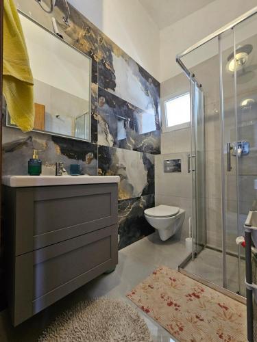 a bathroom with a sink and a shower and a toilet at Apartments Marija in Vir