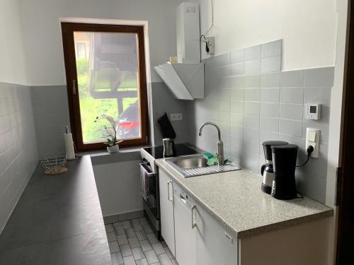 a kitchen with a sink and a counter top at Haus Sonnenschein in Obervellach