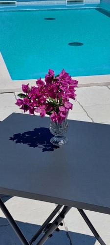 a vase of purple flowers on a table next to a pool at Villa Irene in Veli Lošinj