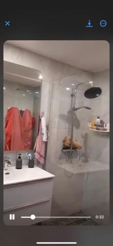 une salle de bain avec un lavabo, une douche et un miroir dans l'établissement Endroit calme, à Nice