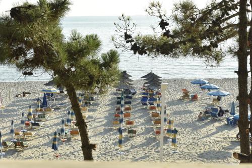 a beach with chairs and umbrellas and the ocean at VILA Daniele in Durrës