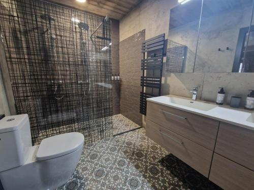a bathroom with a toilet and a shower and a sink at Solar dos limas in Criação Velha