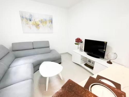 a living room with a couch and a tv at Asia Apartments in Škaljari