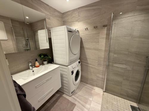 a bathroom with a sink and a washing machine at Modern apartment with free parking in Bergen