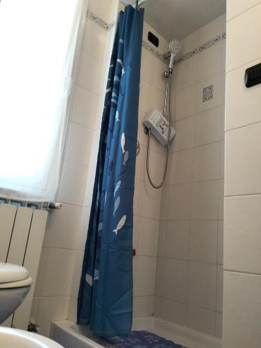 a bathroom with a shower with a blue shower curtain at La Casetta in Riva Ligure