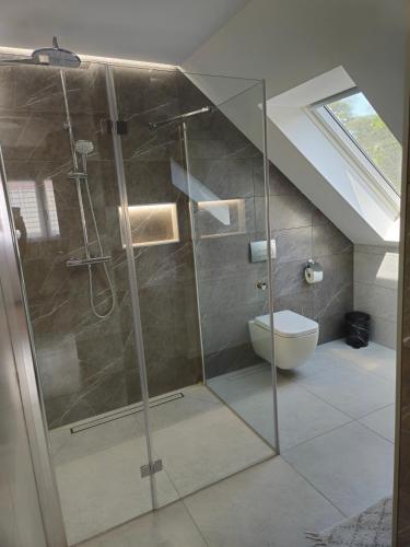 a bathroom with a shower and a toilet at Éva Apartman in Hévíz