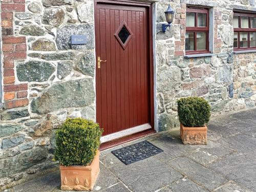 a red door of a stone building with two plants at Elidir Cottage in Llanwnda